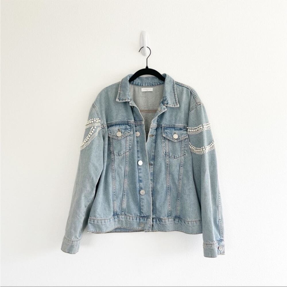 Sandro Pearl Embellished Oversized Distressed Denim Jean Jacket Size small - Picture 11 of 16